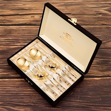 Willive 藝人產業 四君子高級雙人湯筷禮盒組, 金色, 湯匙 2p + 筷子 2雙 + 金龜筷架 2p + 高級收納盒 + 禮品包裝 + 提袋, 1套