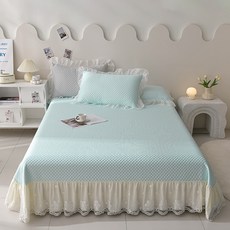 跨境外貿專供涼豆豆純色牀裙款牀單款牀蓋牀單涼蓆三件套廠家批發, 天空藍