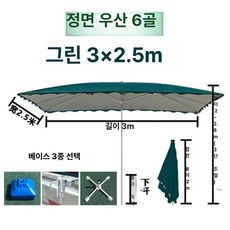 직사각형 대형 파라솔 편의점 접이식 테라스 그늘막 야외, 1개, 그린 3x2.5 6살대 받침대 포함