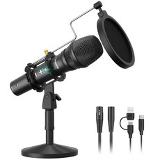 MAONO USB/XLR 팟캐스트 다이내믹 마이크 볼륨 조절 기능이 있는 스튜디오 키트 쇼크 마운트 팝 필터, 01 검은색