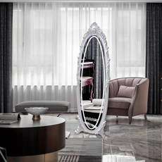 【豆腐妹的窩】破損補寄新品立體鏡子全身落地鏡女生臥室宿舍家用雕花歐式復古led穿衣試衣鏡, 白木銀+LED燈鏡