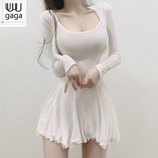 유유가가 여자 얇은 끈나시 주름 숏 원피스 긴소매 탑 가디건 섹시한 투피스 세트