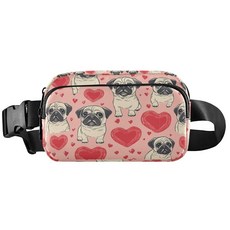 레드 화이트 폴카 도트 패턴 벨트 백 여성용 남성용 패니 팩 소형 허리 파우치 크로스바디 백 야외 하이킹 러닝 여행용 퍼그 도그, Pug Dog