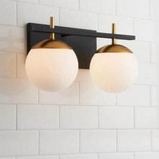 LOCPM 세기 중반 2라이트 욕실 배니티 라이트 오버 미러 블랙 앤 골드 모던 조명기구 밀키 화이트 프로스팅 유리 글로브 쉐이드 계단 주방용 벽 스콘스, 3-Light