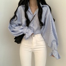 투니스 여성 심플 루즈핏 스트라이프 긴소매 셔츠