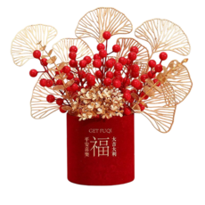 CP 臺灣發貨 2026馬年新年福桶 過年春節桌面佈置仿真花擺件 新春發財果擺設裝飾, 植絨桶【福氣滿滿】, 1個
