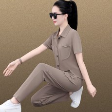 運動套裝女 夏裝 兩件套 短袖套裝 大碼女裝 洋氣翻領 冰絲涼感面料 氣質通勤 健身瑜伽