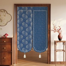 新中式仿亞麻門簾 免打孔隔間遮光布簾, 半開帶穗靛藍纏枝,寬60*高90cm-送門簾伸縮杆