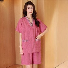 Vezri 남녀공용 사우나 찜질복 마사지복 세트 전통 스타일 면마 혼방 편안한 브이넥 디자인