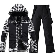 HOTIAN 여성용 스키uit 스키 재킷 및 바지 세트 방풍 방수 단열 스노우수트 겨울 따뜻한 스노우보드 스노우 코트(블랙체크무늬+블랙 XL) 311204