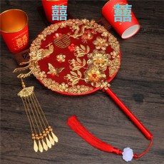 DIU 喜扇新娘結婚扇子婚禮手持遮面扇秀禾團扇紅色古風成品中式, 1個, 彩盒包裝無扇架(成品發貨):如圖