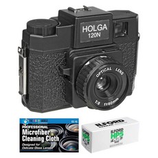 Ilford 5 120 필름 번들과 천이 포맷 포함된 Holga 중형 마이크로파이버 카메라(블랙) 120N, Black
