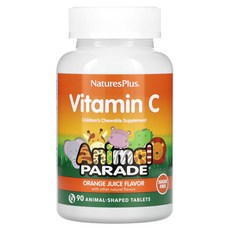 NaturesPlus Animal Parade 어린이용 츄어블 비타민C 보충제 오렌지 주스 맛 설탕 무함유 동물 모양 90정, 1개, 1.5L