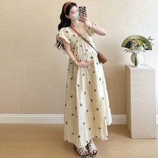 임산부 롱 원피스 여름 임부복 프렌치 퍼프 소매 리본 프린트 롱드레스 데일리 캐주얼 임부 원피스 YXF