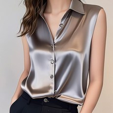 미중 여성 여름 뉴 민소매 새틴 직업 시폰 고급 무지 셔츠넥 단추 반팔 cy