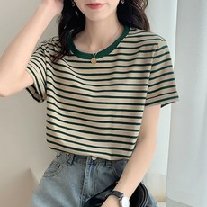 스트라이프 수유티셔츠 여름반팔 수유외출복 그린 스트라이프 M