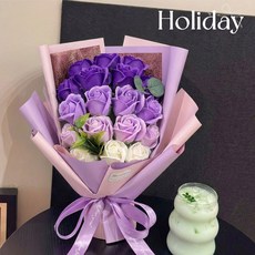 Leesheer 시들지 않는 장미 꽃다발 LED 비누 꽃다발 기념일 선물+선물함, 1개, 그라데이션 퍼플