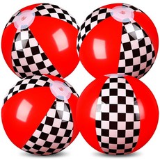 Hollowfly 4팩 블랙 화이트 레드 비치 볼 30cm11.8인치 체크 무늬 깃발 테마 공기 식 벌크 레이스 카 생일 파티 용품 여름 수영장 연말 장식 선물 2993897, Hollowfly 4팩 블랙 화이트 레드 비치 볼 30