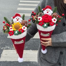 聖誕節禮物送女朋友閨蜜針織仿真毛線花玫瑰向日葵甜筒花束平安夜, 【聖誕冰淇淋·紅玫瑰】送禮袋+燈,成品發貨 代寫賀卡, 1個