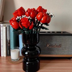 로즈 부케 플라워걸즈 조립 블록 꽃다발 장난감 발렌타인데이 선물, 장미 16송이+검은 꽃병