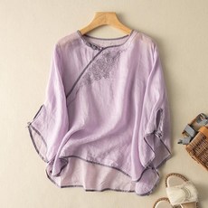 ORZQU 여름 여성 캐주얼 면마 7부 소매 생활한복 블라우스 루즈핏 셔츠