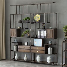 實木新中式博古架茶架，客廳隔斷茶具收納櫃，多層置物展示架, 128【雙抽帶門】胡桃色2個組合,1米以下, 1個