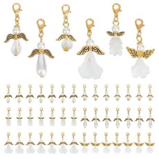 PH PandaHall 48피스 6가지 스타일 천사 날개 참 화이트 페어 비즈 플라워 캡 랍스터 걸쇠 날개 비즈 천사 요정 걸이 펜던트 DIY 목걸이 팔찌 주얼리 키체인 제작, PH PandaHall 48피스 6가지 스타일 천사 날