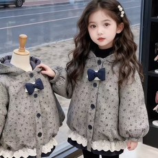 女童秋冬加絨加厚花邊連帽棉襖外套 (台灣出貨)