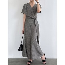 여름 체크 랩 롱 원피스 브이넥 퍼프 반팔 허리타이 맥시 셔링