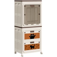 可愛貓咪圖案透明視窗滑輪可疊加摺疊收納櫃，可疊加，附滑輪，透明視窗, 白色