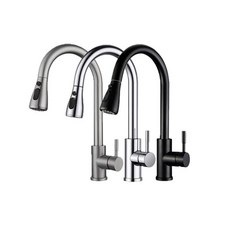 【小山】廚房抽拉式水龍頭 304不鏽鋼 冷熱兩用, 1個, 黑色+尼龍抽拉管（配60CM進水管一對）