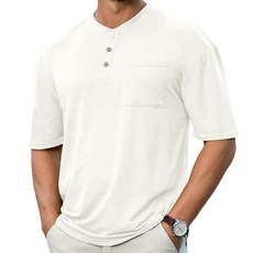 Opomelo 남성용 헨리 셔츠 반소매 애슬레틱 스트레치 티 베이직 여름 버튼 티셔츠 포켓 포함 데님 블루 XXL 269817, 화이트