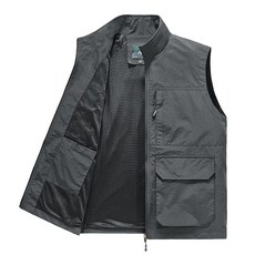 男士多口袋網眼休閒馬甲, 灰色,XL: 建議70-77.5公斤