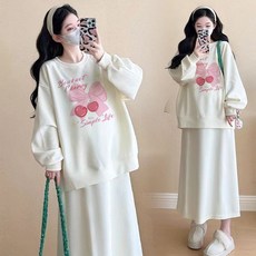 임산부 스커트 투피스 세트 봄 가을 임부 레터링 체리 프린트 루즈핏 스웨트셔츠 + 롱 스커트 투피스 세트 캐주얼 데일리 JS