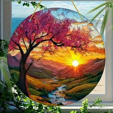 평면형 생명의 나무 창문 장식 벽걸이 분홍색 꽃이 일출 산 풍경 빈티지풍 꽃무늬, 1. 1, A. 20x20cm