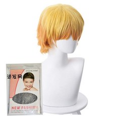 漫尼 鬼滅之刃 我妻善逸cos 黃色漸變橘色短髮cosplay假髮 玫瑰網, 1個, 高溫絲玫瑰網