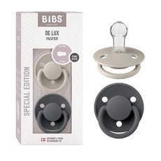 BIBS De Lux 아기 젖꼭지 2팩 | 덴마크산 | BPA 프리 더미 수더 둥근 젖꼭지. 실리콘 원 사이즈 (0-36개월) 클라우드/스틸 블루, Sand/Iron