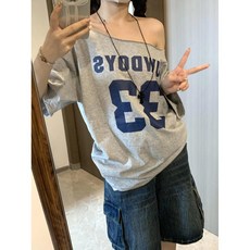 美式復古露肩字母印花斜肩衛衣女寬鬆百搭上衣