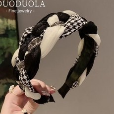 DUODUOLA 麻花辮千鳥格水鑽髮箍