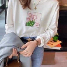 여성 라운드 긴팔 수유티 여성용 라운드넥 심플 플라워 프린트 코튼 긴팔 티셔츠 LT