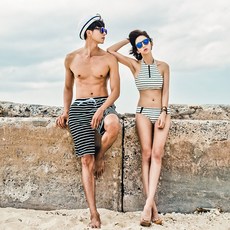 泳衣 性感削肩拉鏈條紋兩件式泳裝【O3390】, 男裝-M