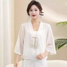 ORZQU 여름 여성 캐주얼 루즈핏 트렌디한 가벼운 숏 셔츠형 레이스 칠부소매 개량한복 자수 브이넥 디자인 감각의 아우터