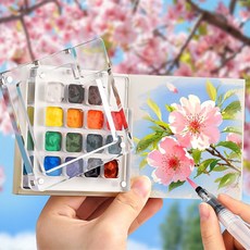 메이크마인 휴대용 수채화 미니 팔레트 + 드로잉북 + 뾰족 워터브러쉬 + 클립 세트, 아크릴, 1세트, 15칸