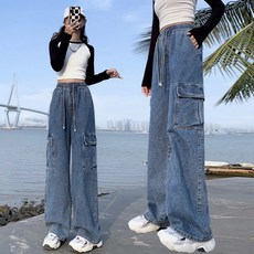 胖mm大碼工裝牛仔長褲寬鬆緊高腰直筒闊腿顯瘦春夏跨境女裝牛仔褲