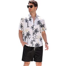 OMEWEE 남성용 하와이안 의상 투피스 트로피컬 프린트 반소매 버튼 다운 셔츠 및 비치 반바지 여름 세트 블루. S 202619 8270969375, 화이트
