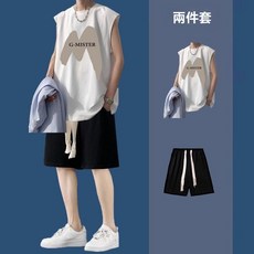 夏季男士背心套裝無袖t恤衣服搭配短褲一套整痞帥休閒運動兩件裝