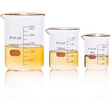 ULAB 사이언티픽 유리 비커 세트 3 사이즈 50ml 100ml 250ml 3.3 보로 그리핀 로우 폼 인쇄된 눈금 UBG1001, Low form 3 Sizes: