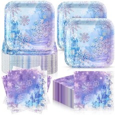 Zhehao 부활절 접시 및 냅킨 72개 세트 36개 17.8cm(7인치) 정사각형 토끼 생일 파티 용품 일회용 디너 디저트 식기 장식, 눈송이, 블루, 퍼플