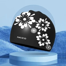 여성용 실리콘 수영 모자 긴 머리 귀 보호 대형 사이즈 프린트 성인 액세서리, 03 1123-Black