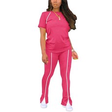 STOLKISS 여성용 투피스 의상 여름 운동 스웨트수트 스트라이프 반소매 롱 플레어 팬츠 캐주얼 휴가 트랙수트 692 블랙 라지, 핑크